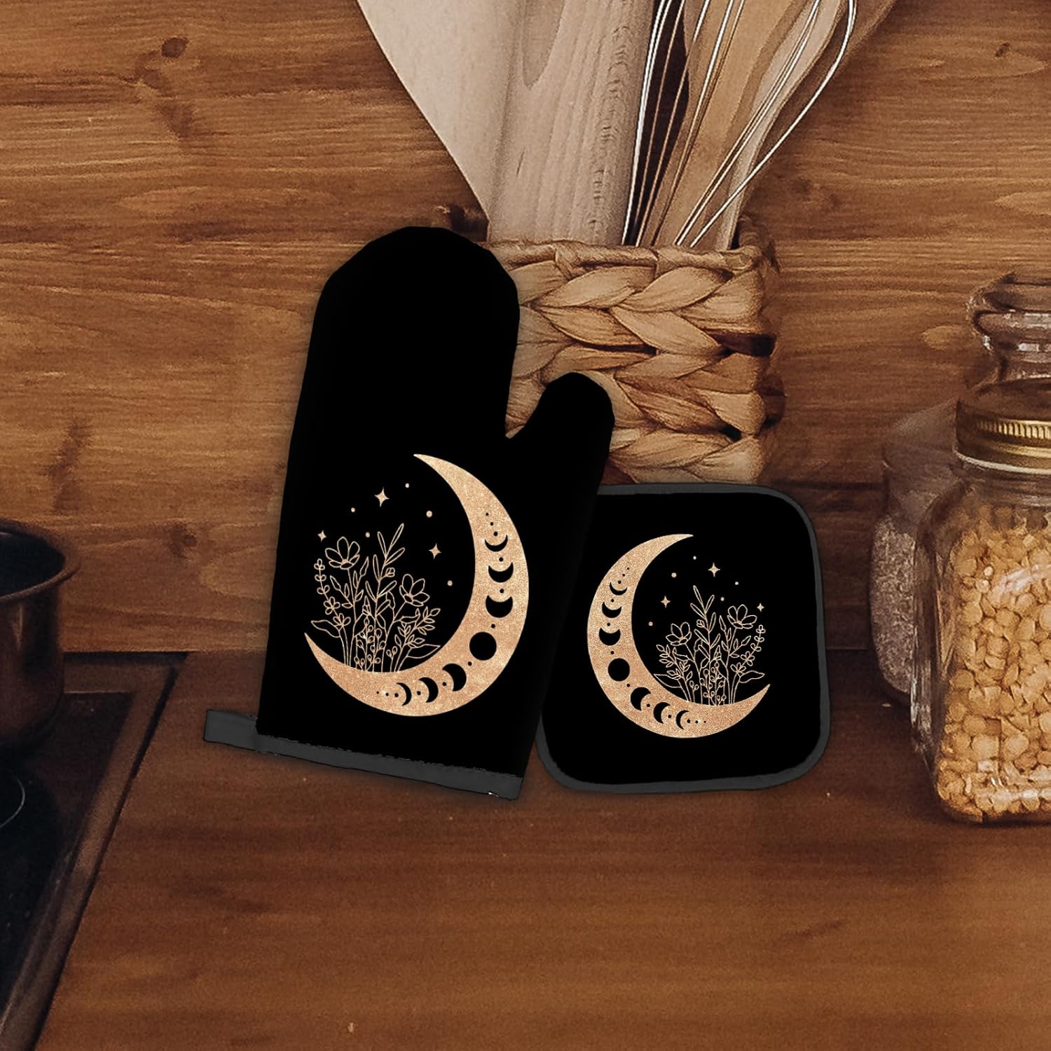 Black Gold Moon Oven Mitts Pot Holders Sets Heat-Resistant Kitchen Accessories