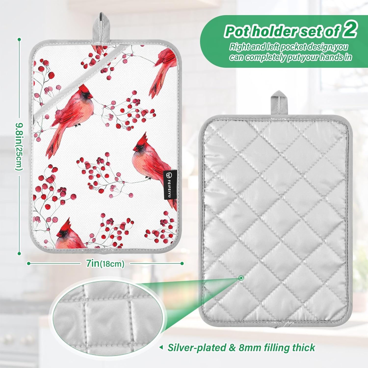 Berry Cardinal Bird Hot Pad Pot Holder Set of 2 1