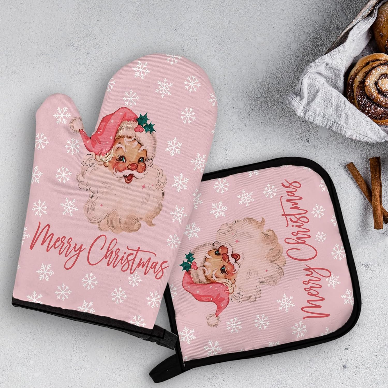 OHSUL Pink Christmas Oven Mitts and Pot Holders Set