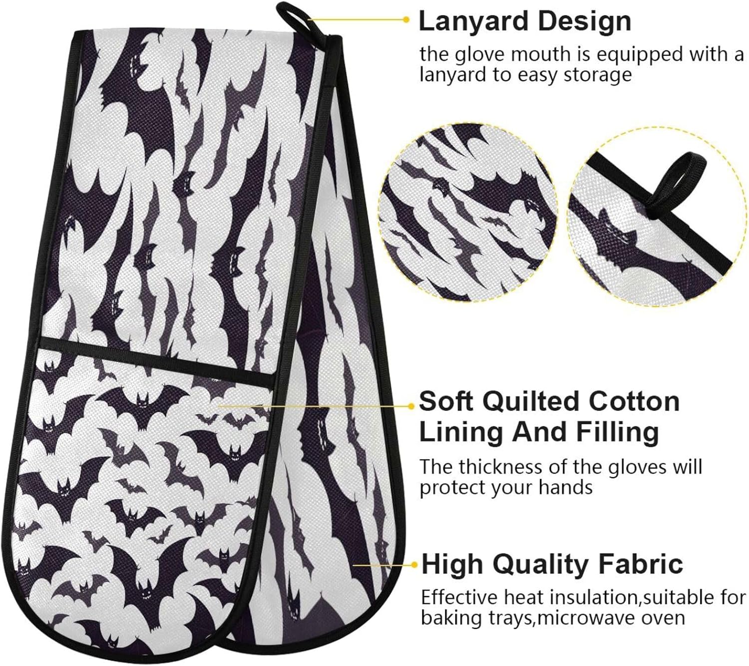 Quteprint Halloween Black Bats Oven Mitts 7 x 35 Heat Resistant