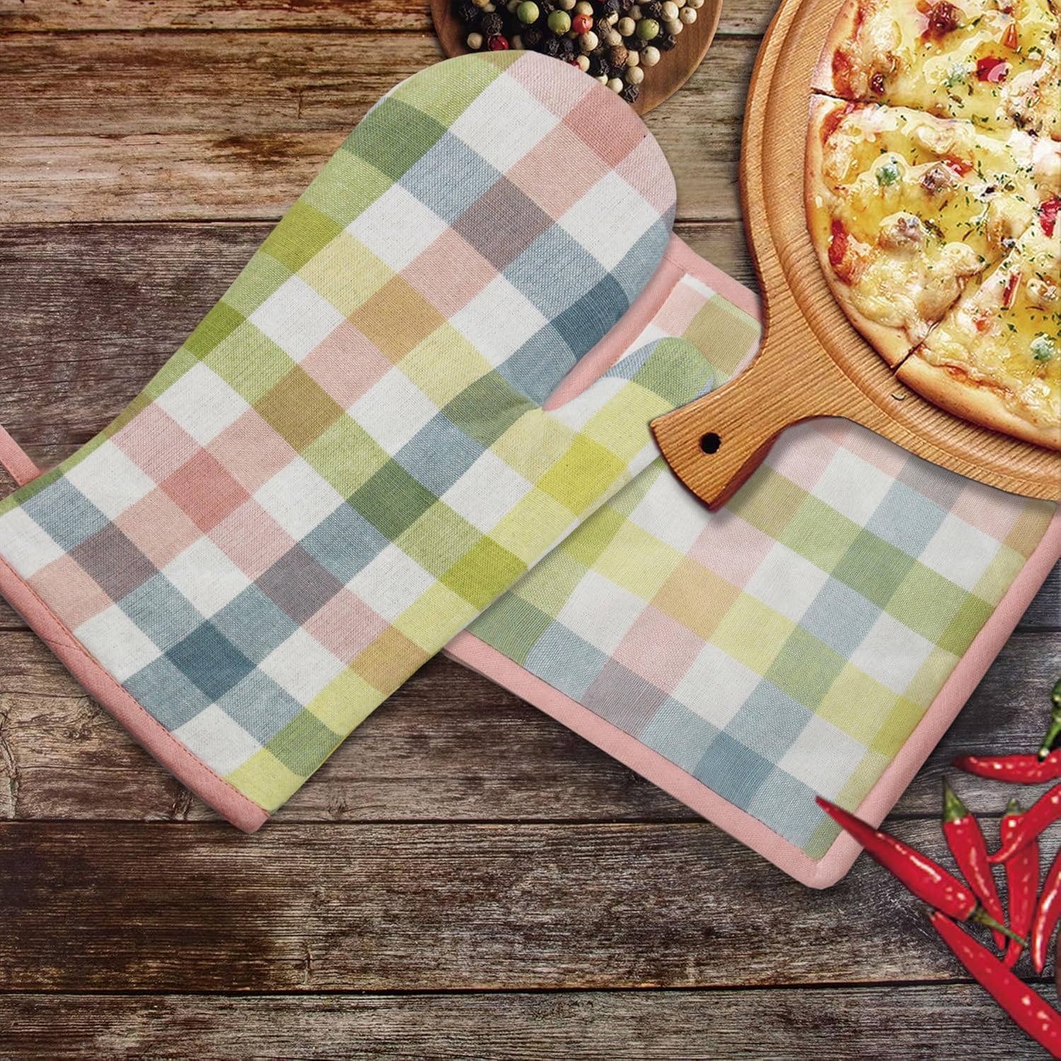 COTTON CRAFT Quilted Oven Mitt Potholder Set Gingham Buffalo Check Heat Resistant