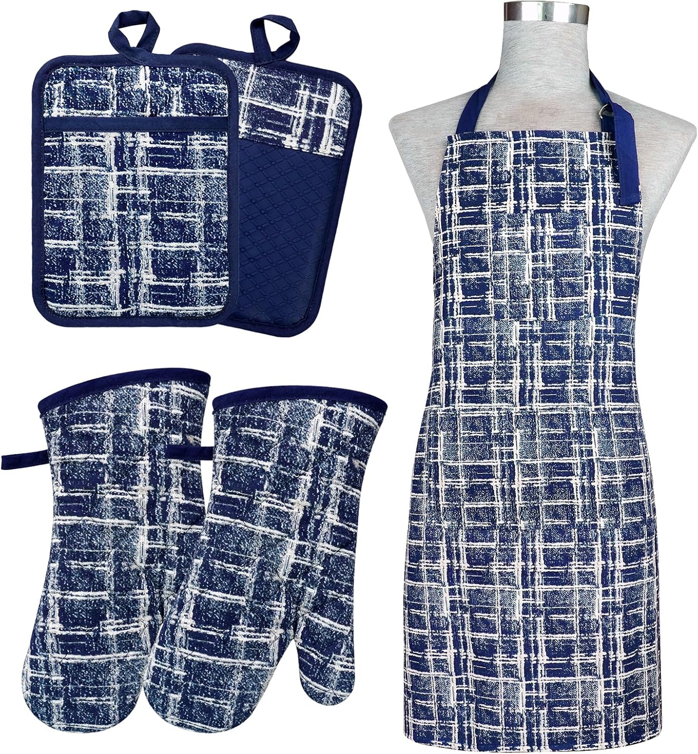 Alselo Oven Mitts and Pot Holders Set of 5 with Cooking Apron Navy