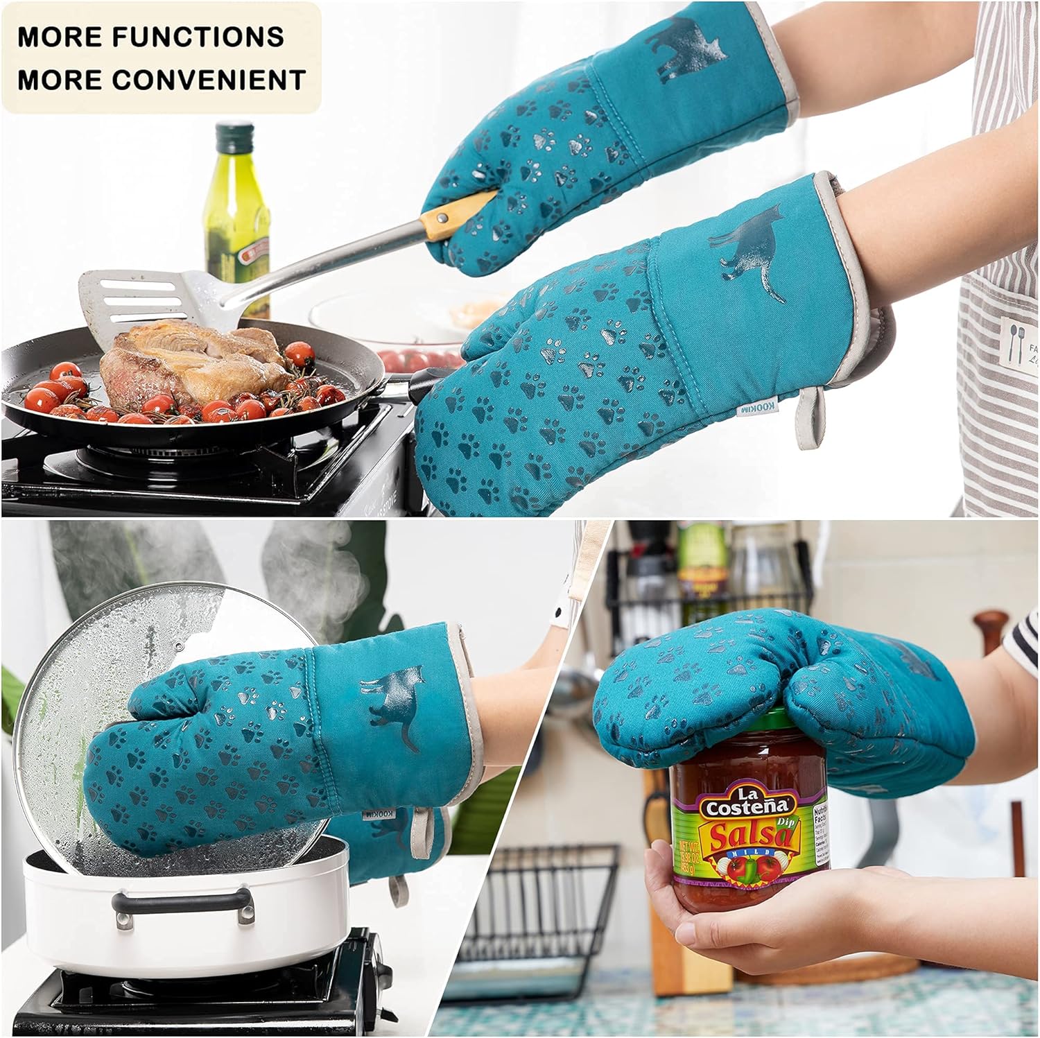 KOOKIM Cat Themed Oven Mitts Set of 2 - Teal