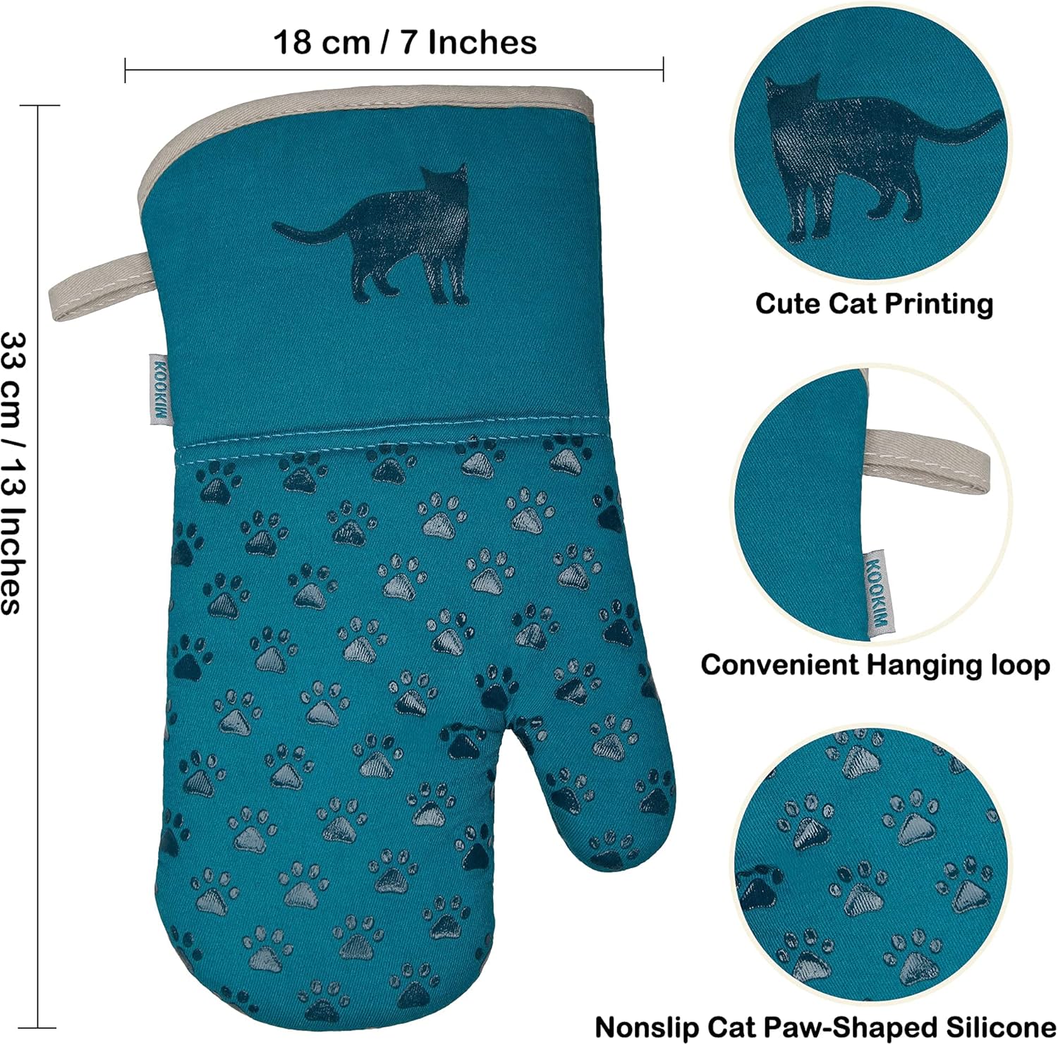 KOOKIM Cat Themed Oven Mitts Set of 2 - Teal