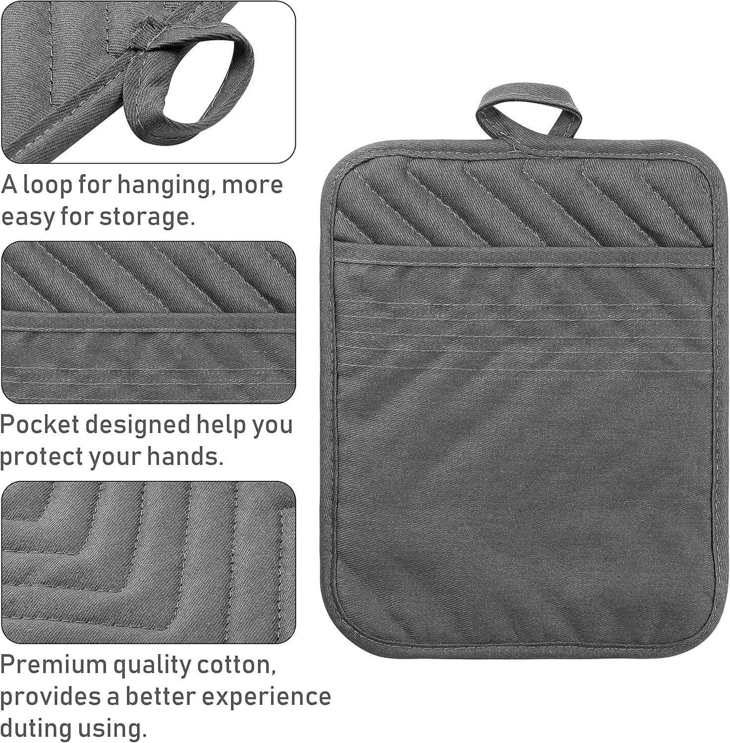 GROBRO7 5Pack Cotton Potholders Heat Resistant Grey